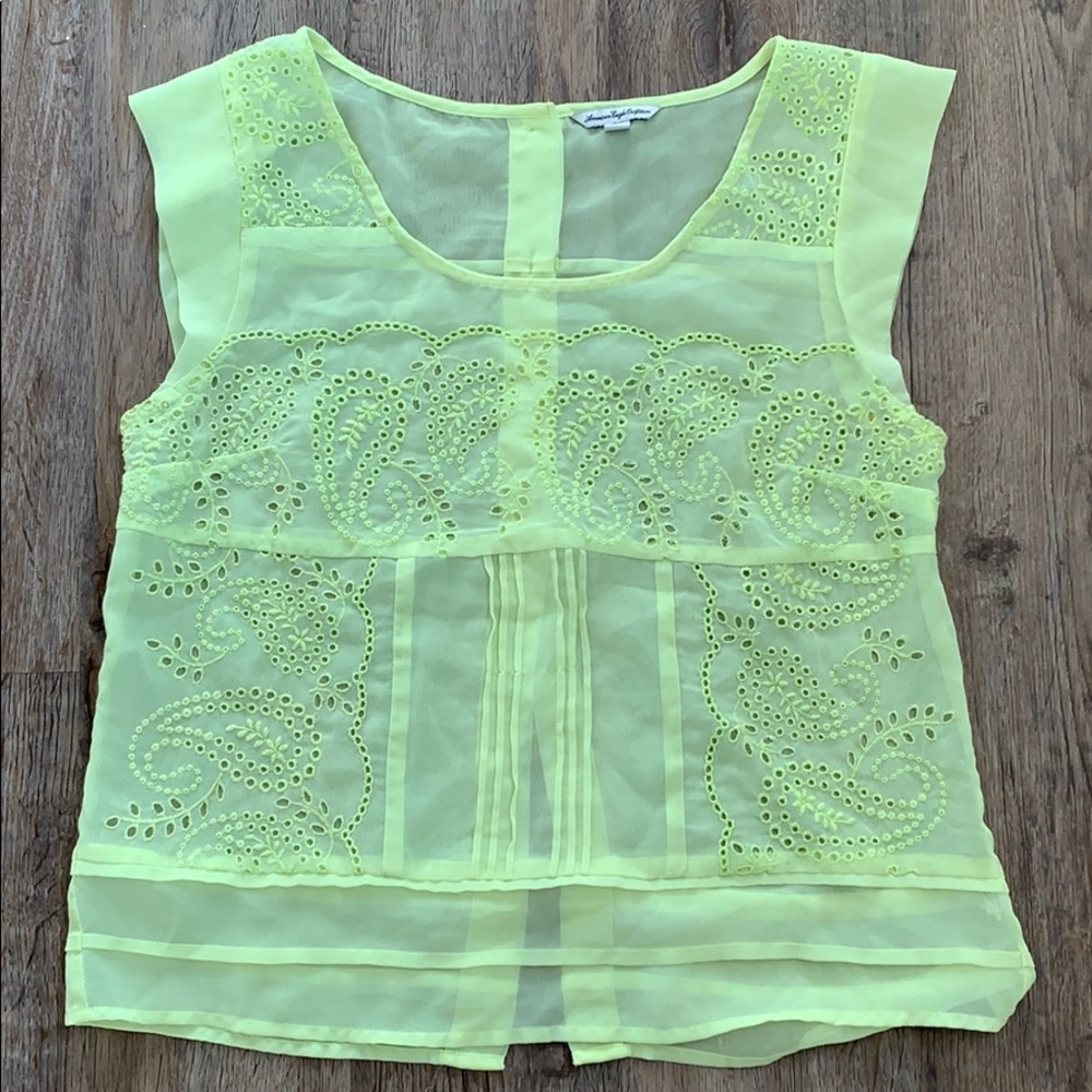 American Eagle neon green eyelet cap sleeve top S